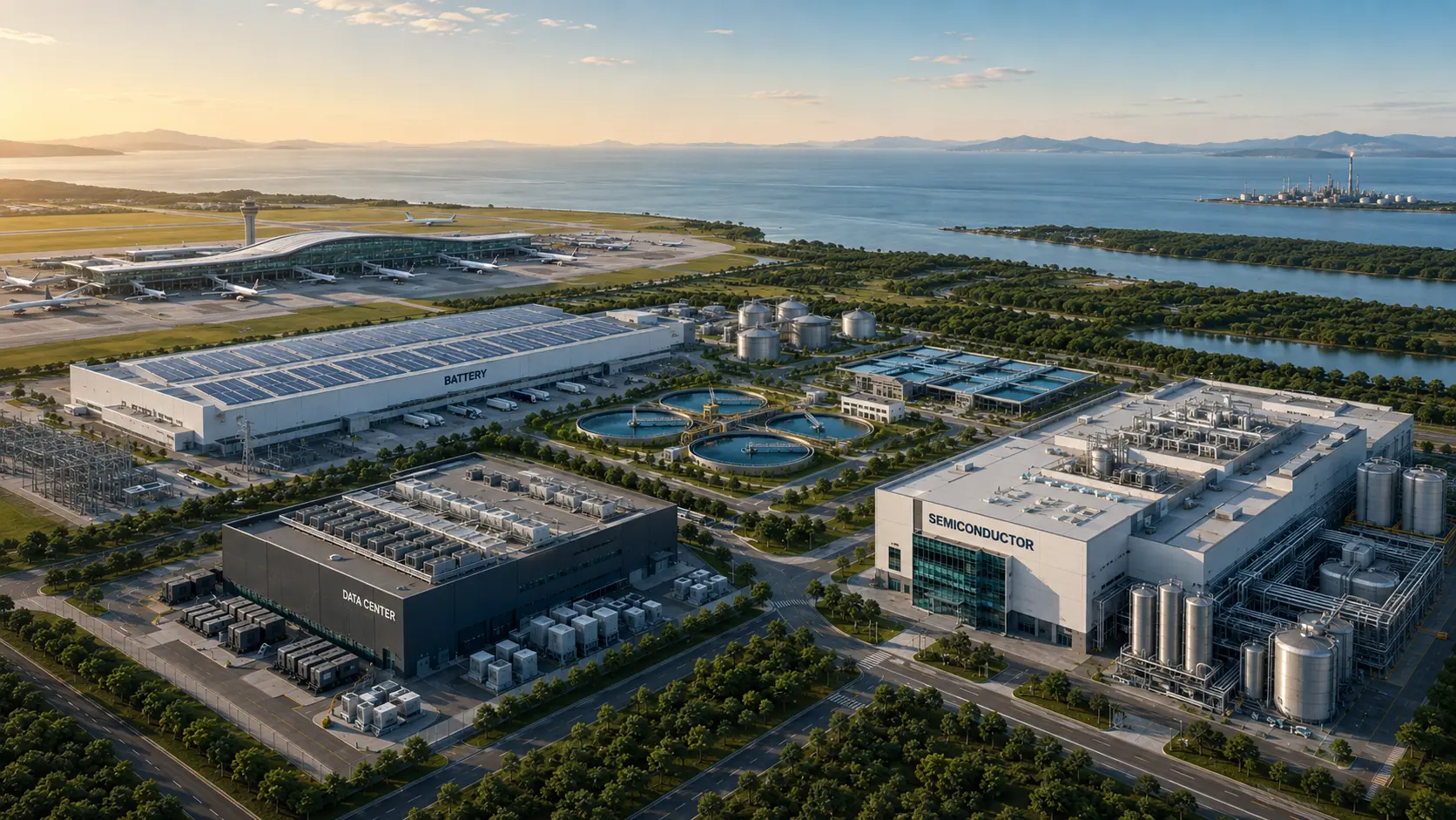 Aerial render of a hyperscale data center campus