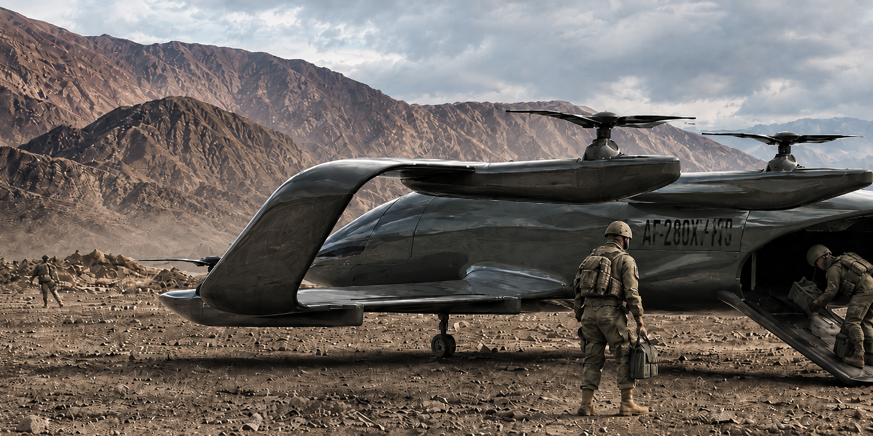 Cargo aircraft at a forward desert airstrip with a soldier alongside