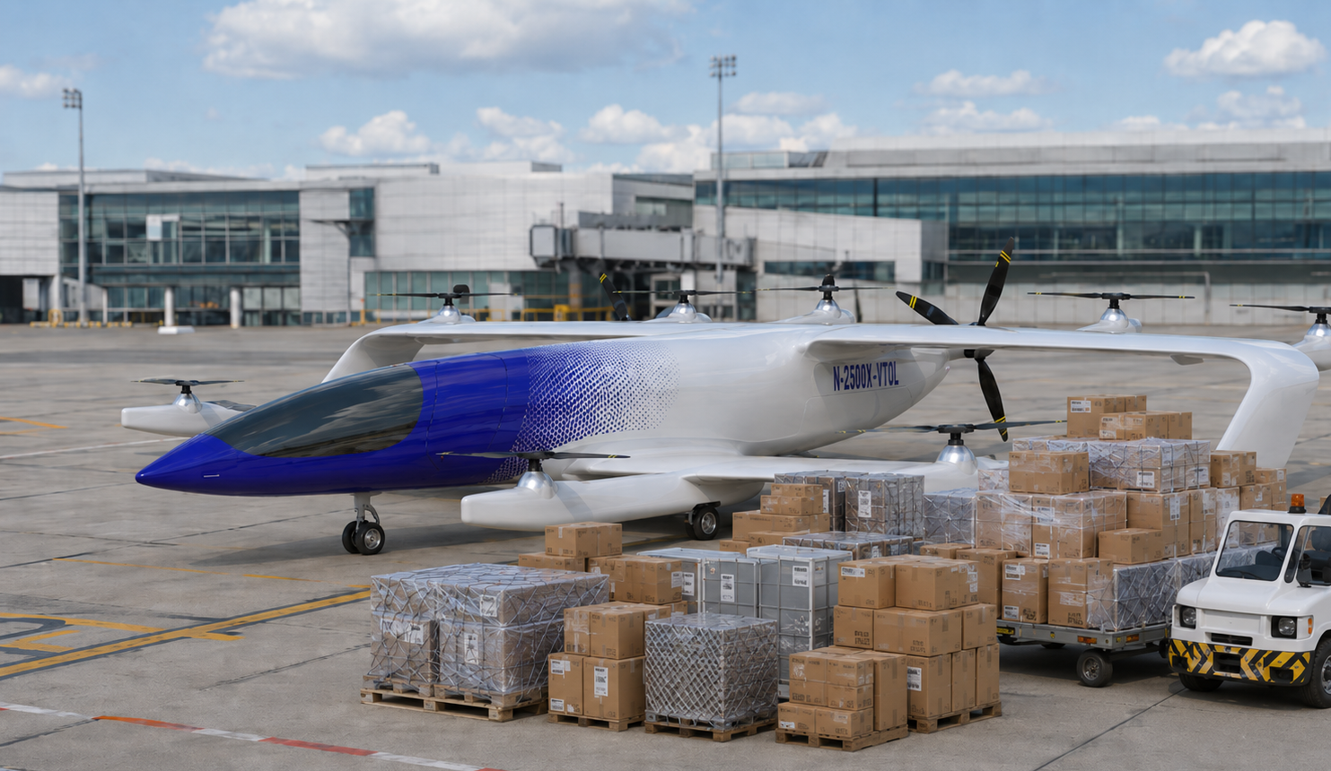 Cargo aircraft loading palletized freight at a regional airport
