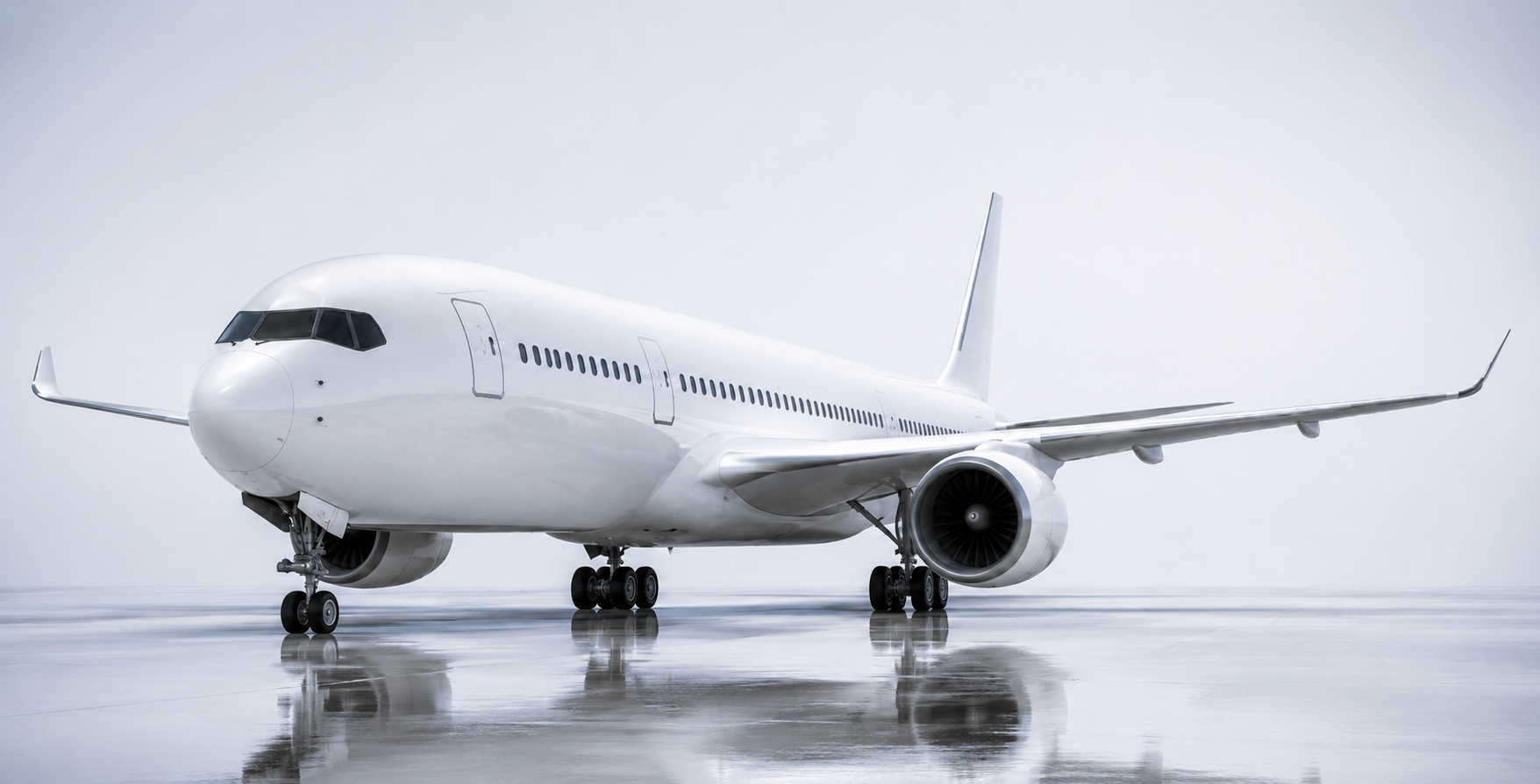 Three-quarter front view of a white airliner